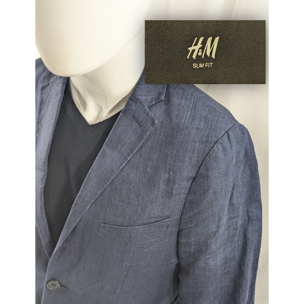 H&M Casual Suit Jacket Blazer 100% Linen‎  Blue Slub Unstructured 36R  38" EUC